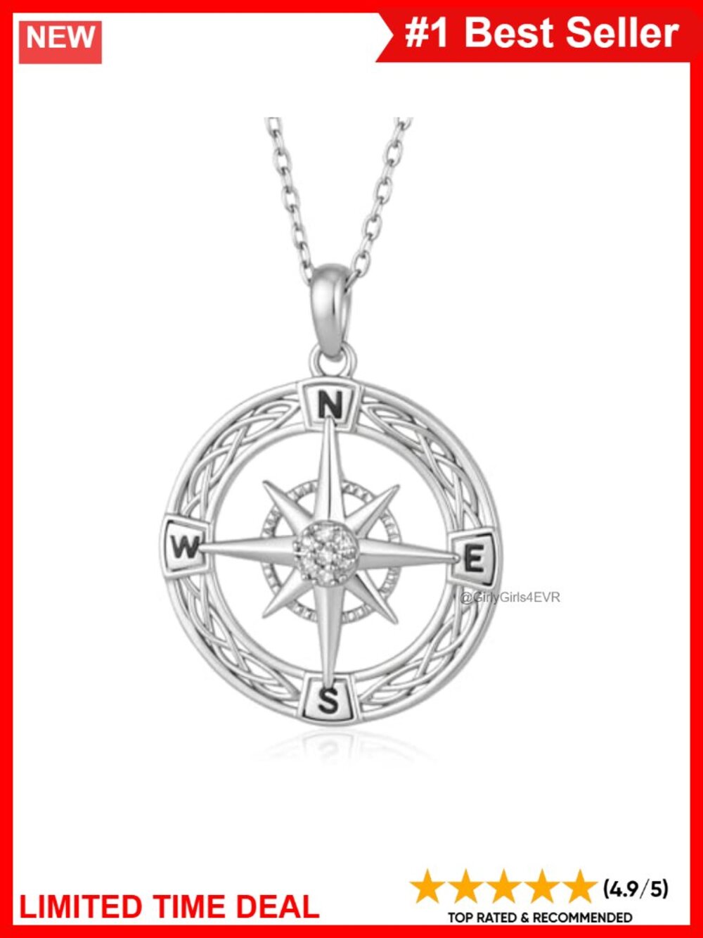 Sterling Silver Compass Pendant Necklace with Lab Grown Diamonds